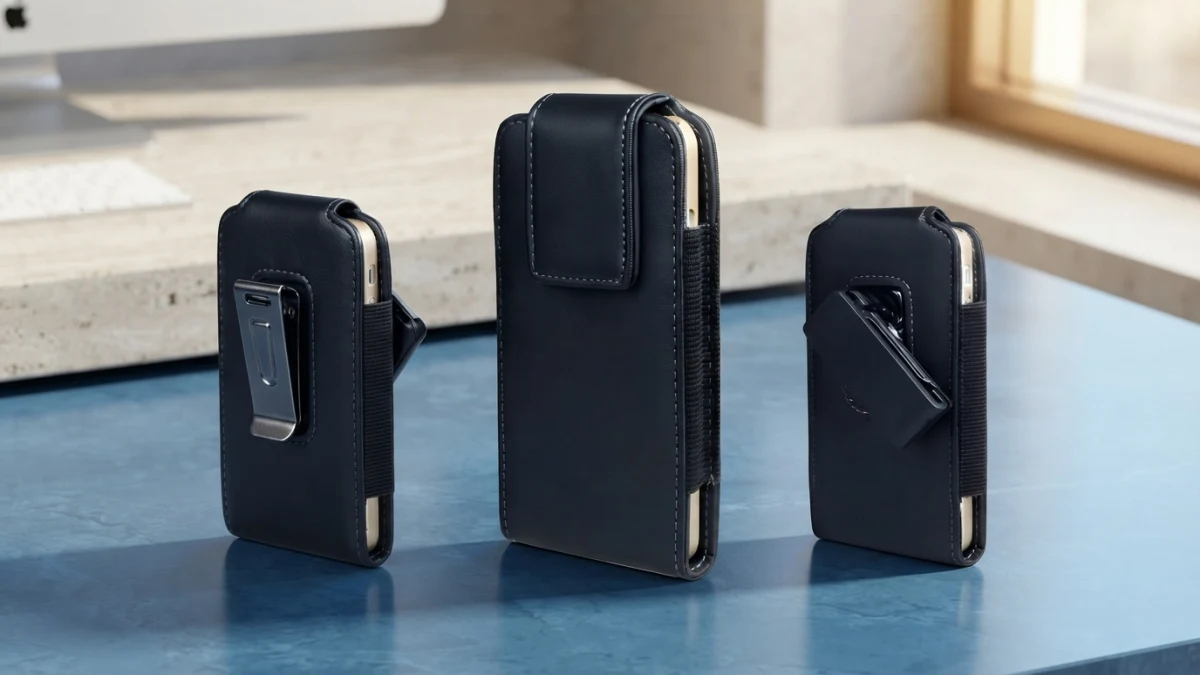 Capa porta celular smartphone com clipe para cinto em couro preto com costura branca.