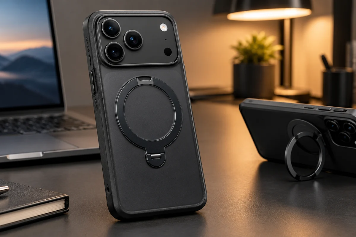 Capa protetora preta para smartphone com suporte magnético giratório 360 graus, apresentada em um ambiente moderno de escritório.