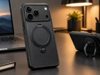 Capa protetora preta para smartphone com suporte magnético giratório 360 graus, apresentada em um ambiente moderno de escritório.
