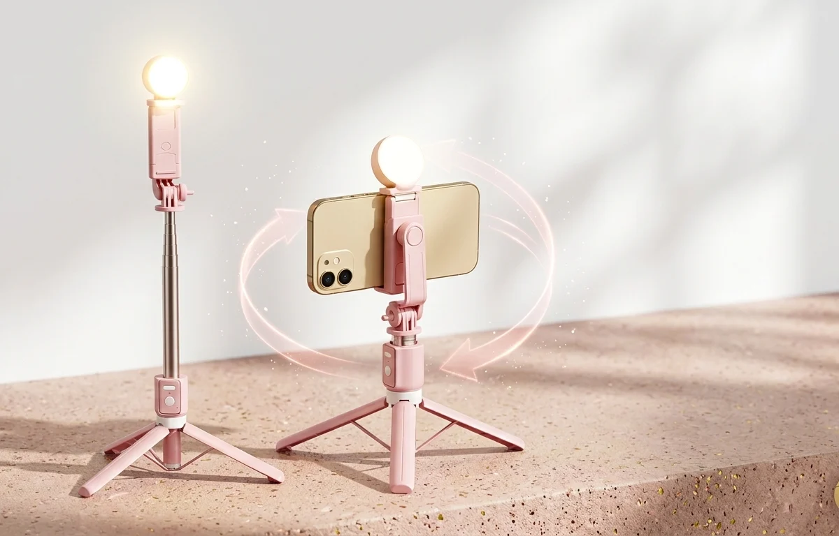 Tripé bastão de selfie rosa com celular posicionado na horizontal e mini ring light acesa em um cenário de estúdio moderno desfocado.