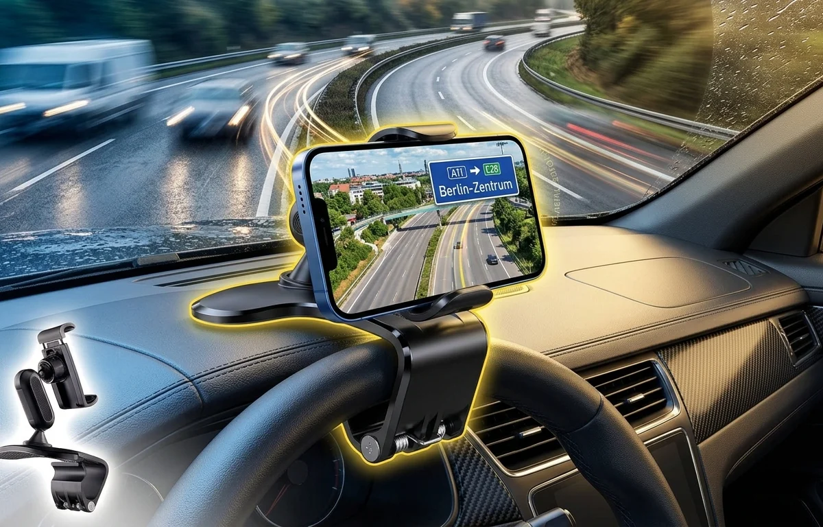 Suporte veicular moderno com smartphone exibindo mapa de navegação 3D em neon vibrante sobre o painel do carro em ângulo dinâmico e chamativo.