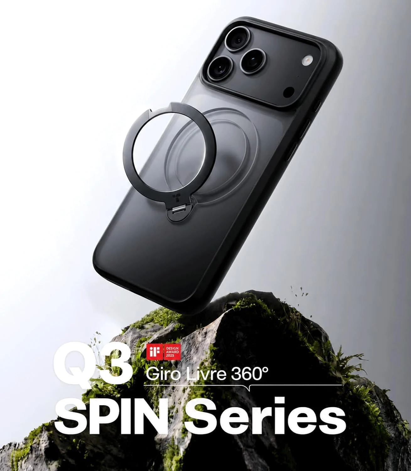 Smartphone com capa preta e anel suporte aberto flutuando sobre rocha musgosa com texto Q3 SPIN Series.