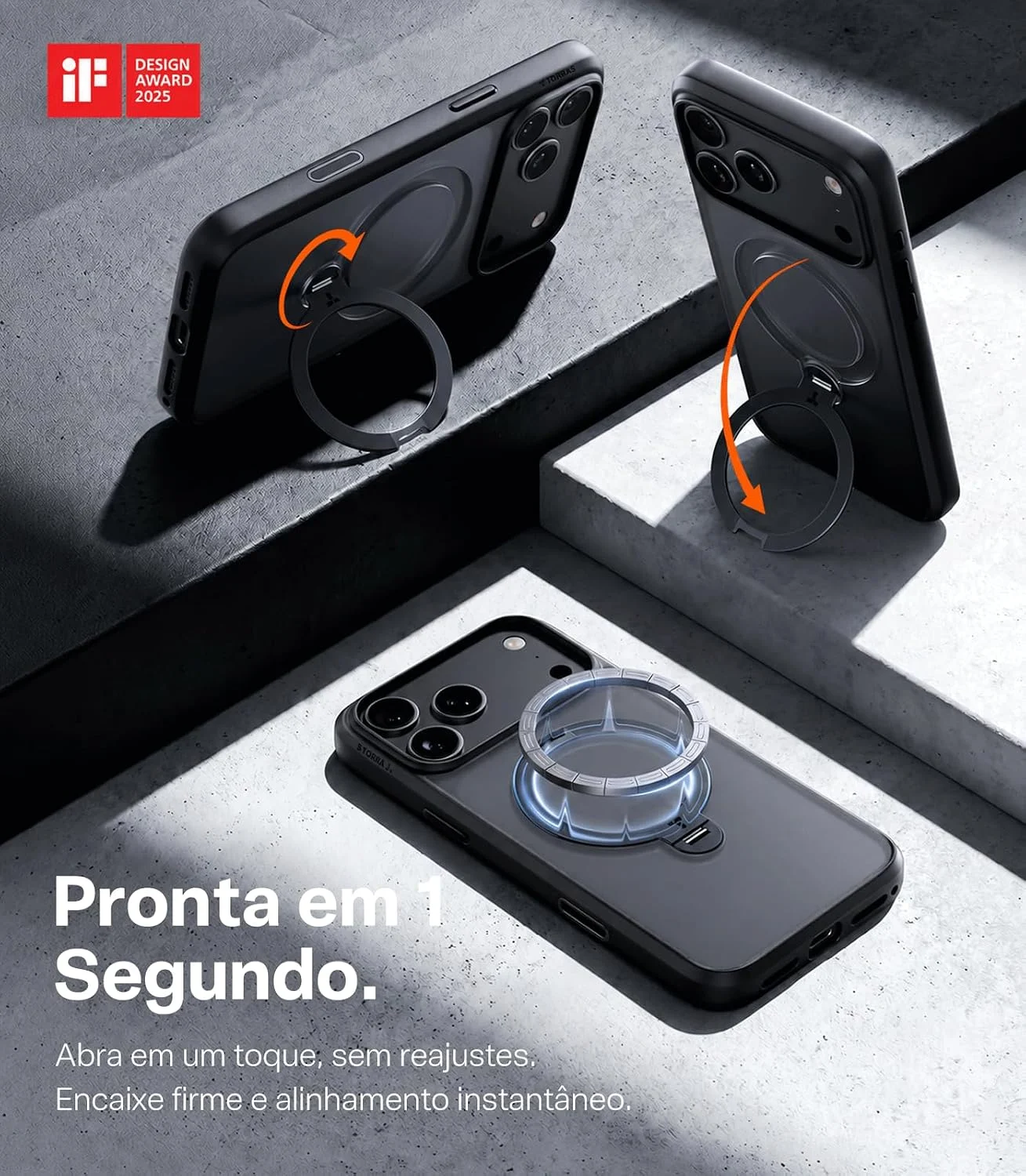 Tres smartphones pretos com capas e anel de suporte em diferentes angulos sobre superficie cinza.