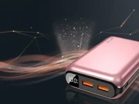 • Capa conceitual e limpa para artigo do dispositivo Geonav Power Bank 20000mAh na cor rosa metálico, posicionado sobre um fundo escuro abstrato com linhas de energia e ícones discretos de carregamento.