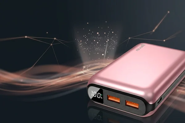 • Capa conceitual e limpa para artigo do dispositivo Geonav Power Bank 20000mAh na cor rosa metálico, posicionado sobre um fundo escuro abstrato com linhas de energia e ícones discretos de carregamento.