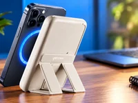 Power bank Geonav de 10.000 mAh com carregamento magnético MagSafe e suporte integrado para smartphone.