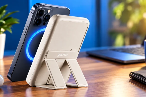 Power bank Geonav de 10.000 mAh com carregamento magnético MagSafe e suporte integrado para smartphone.