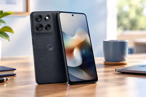Smartphone Motorola Moto G56 5G na cor preta, mostrando a tela frontal e o acabamento traseiro com câmeras.