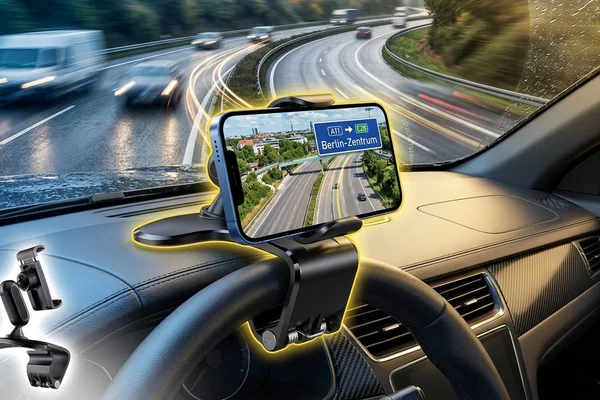 Suporte veicular moderno com smartphone exibindo mapa de navegação 3D em neon vibrante sobre o painel do carro em ângulo dinâmico e chamativo.