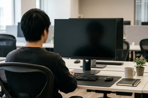 Pessoa de costas diante de um monitor apagado sobre uma mesa de trabalho, em um ambiente com luz natural