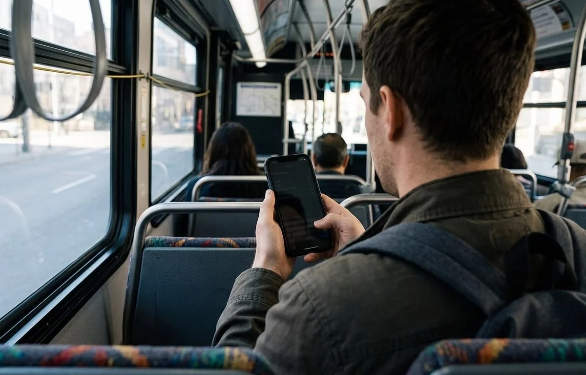 Ilustração de uma pessoa de costas usando o celular em um ônibus, com a tela apagada e sem texto legível