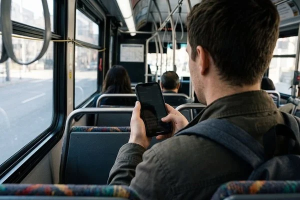 Ilustração de uma pessoa de costas usando o celular em um ônibus, com a tela apagada e sem texto legível