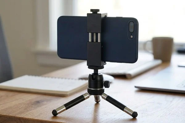 Celular de tela apagada preso a um suporte metálico sobre um tripé de mesa, em ambiente iluminado